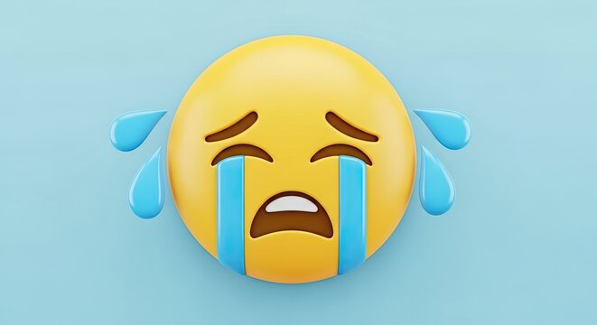 Yellow crying face 3D emoji on light blue background
