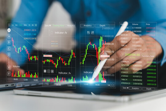 Business people with stock market chart financial trading, online investment, stock exchange analysis, market trends, real-time trading data, forex and crypto trading economic forecasting tool