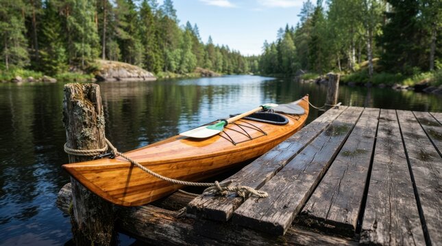 Serene kayak on wooden dock by calm lake surrounded by trees