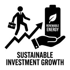 Naklejka premium Businessman walking up a growth chart towards a hand holding a battery with a leaf and renewable energy text, sustainable investment growth