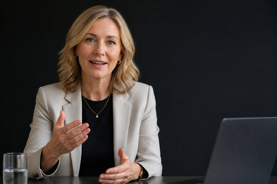 A middle-aged blonde woman in a light blazer is speaking while seated at a desk with a laptop in front of her against a dark background.