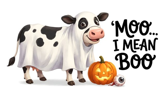 A cute cow wearing a ghost sheet costume with a pumpkin and an eyeball
