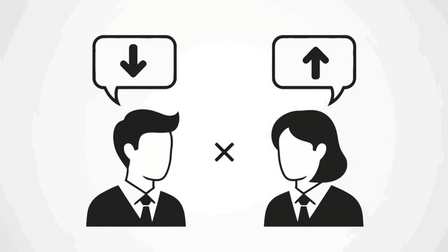 Communication breakdown icon: man thinks down, woman thinks up, facing each other