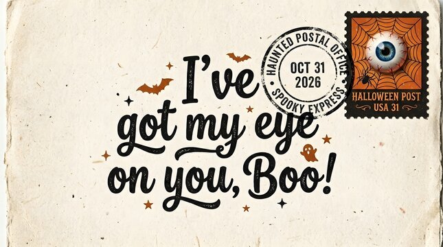Halloween postcard with ive got my eye on you text, eyeball stamp and spooky postmark
