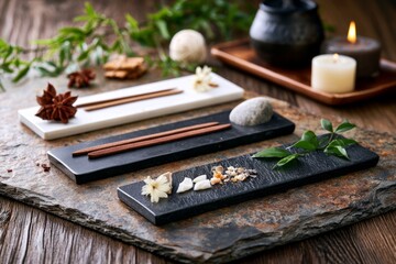 Naklejka premium Tranquil Arrangement of Natural Elements on Modern Serving Platters with Dried Flowers and Candle