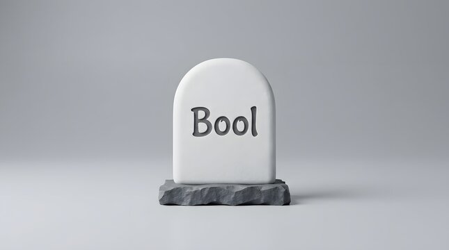 Minimalist white tombstone with the word bool carved on it, isolated on white background