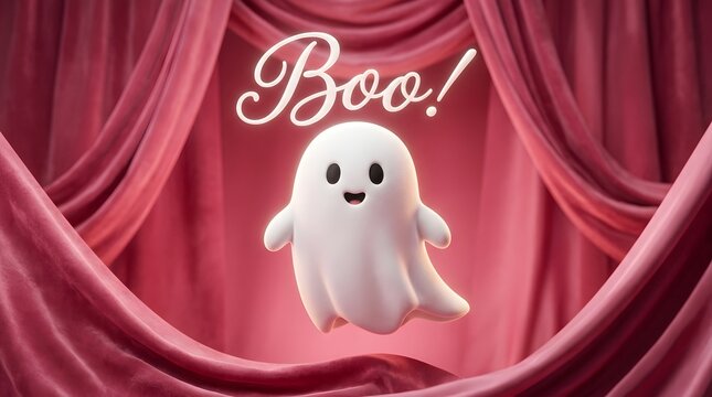 Cute 3d ghost character floating in front of pink stage curtains with the word boo written in elegant script typography