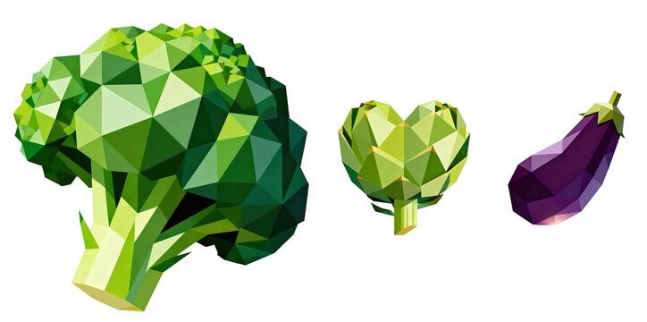 Sculpted Polygon Vegetables: Broccoli, Artichoke, Eggplant