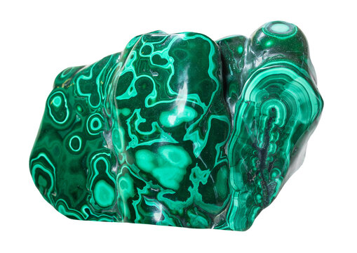 specimen of mineral from geological collection - natural polished dark green malachite rock isolated on white background
