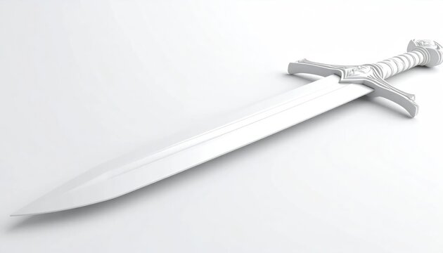 Medieval silver longsword lying on clean white background.