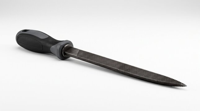 Professional triangular file isolated on a white background with realistic carbon steel texture and studio lighting.
