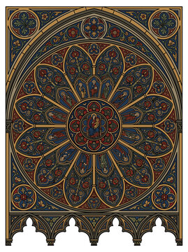 Elegant Gothic Style Rose Window Vector Illustration Featuring Sacred Central Figure Surrounded by Radiating Floral and Clerestory Designs stained glass