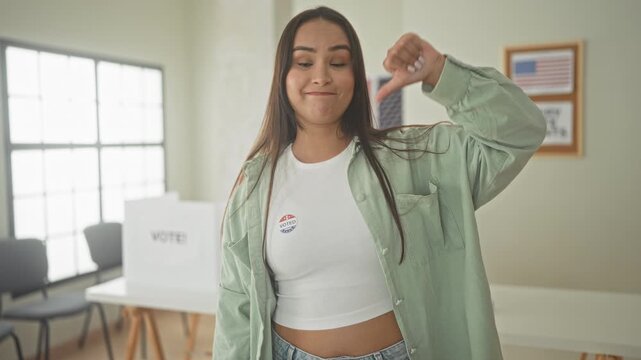 Woman wearing i voted sticker gives thumbs down with exposed thumb at a voting booth in a building, us flag visible on wall; civic disapproval.