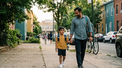 Fototapeta premium Father and son enjoying a walk in the neighborhood during golden hour