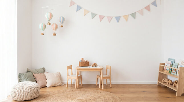 Children s playroom with wooden furniture and hot air balloon mobile