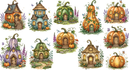 Fototapeta premium A collection of whimsical pumpkin houses illustrated in a charming watercolor style perfect for autumn decorations and festive fall themed graphic design projects