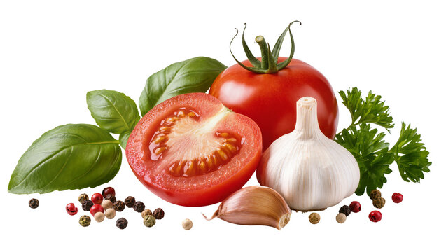 Isolated fresh vibrant tomatoes, aromatic basil, garlic, and colorful peppercorns for cooking