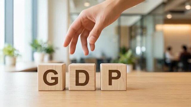Wooden block letters GDP arranged on table with hand placing middle block in modern office setting, symbolizing business economy finance growth and economic development concepts