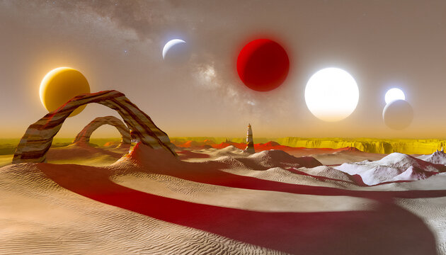 Abstract landscape of the planet orbiting in a system of vivid colored stars is striking in its dynamic lighting, the sky changing lighting when the landscape is painted in yellow, red and white color