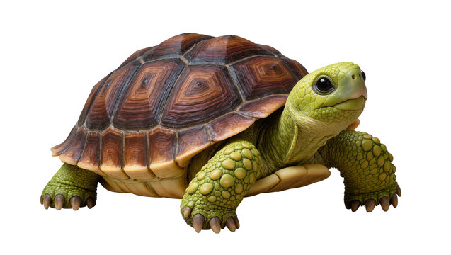 Isolated charming land tortoise with vibrant green skin and a meticulously detailed brown shell design