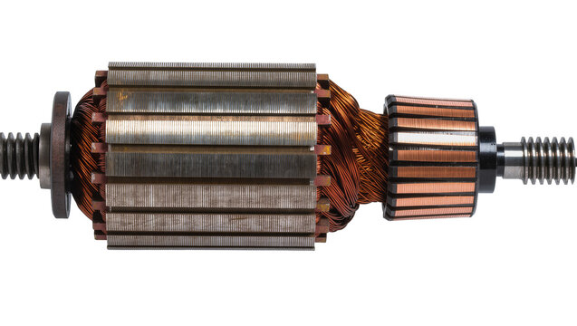 Isolated electric motor armature core, detailed copper windings and commutator section