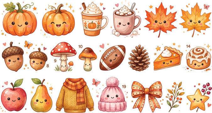 Cute watercolor autumn collection featuring pumpkins leaves acorns mushrooms coffee mugs football pinecone apple pear sweater hat and other cozy fall harvest elements
