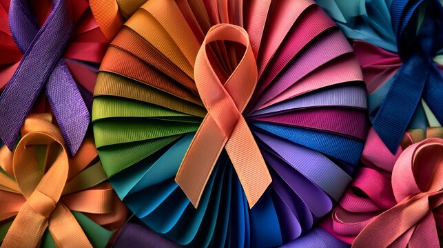 Colorful Awareness Ribbons Display for Campaigns Featuring Various Ribbon Colors and Styles