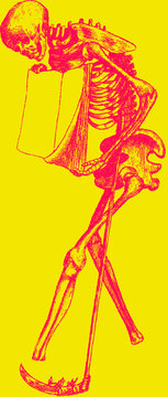 Skeleton reading a book and holding a scythe in stipple style