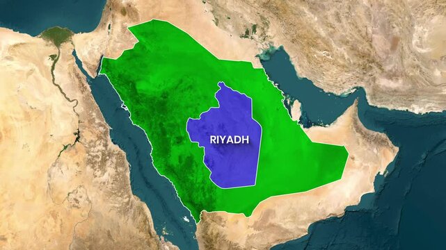 Riyadh is highlighted on a satellite map of Saudi Arabia in a motion clip