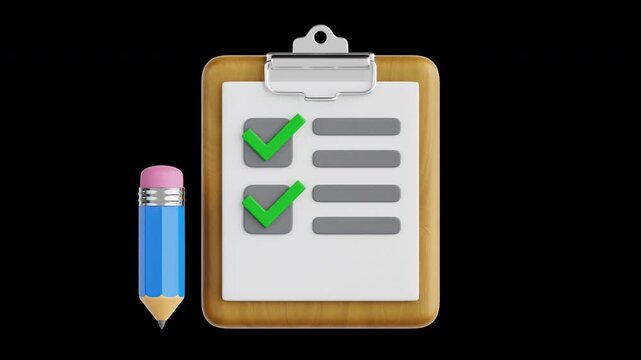 3D clipboard with completed checklist and moving pencil loops smoothly on transparent background in 4K animation. Perfect for exam, school, education, test, grading, learning, and academic content.