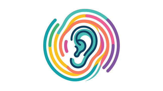 Colorful abstract ear logo with swirling soundwaves representing hearing audio technology and sensory perception vector