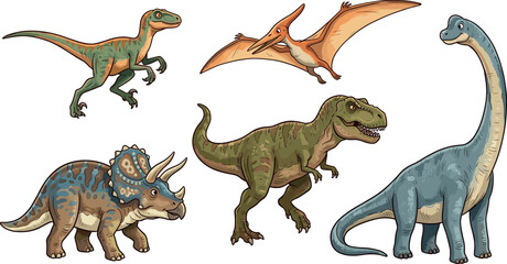 Cute dinosaur vector sticker set featuring watercolor style prehistoric animals like tyrannosaurus rex, brachiosaurus, triceratops, velociraptor, and pterodactyl isolated on white background © MstBizly