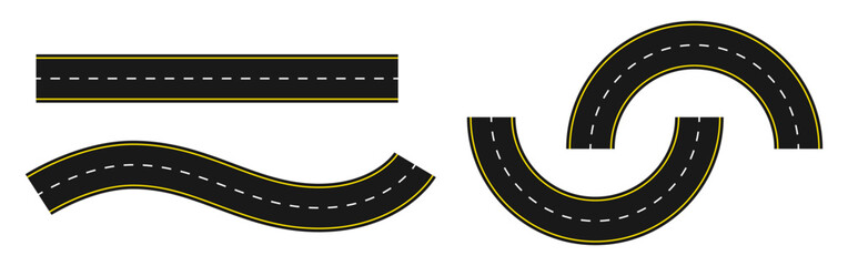Fototapeta premium Asphalt road segments with yellow lane markings and white dashed lines on transparent background