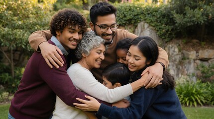 Fototapeta premium Multi-generational diverse family hugging together in park. Happy group of grandmother, daughter, son, and grandchildren sharing love and affection. Family bonding and unity concept.