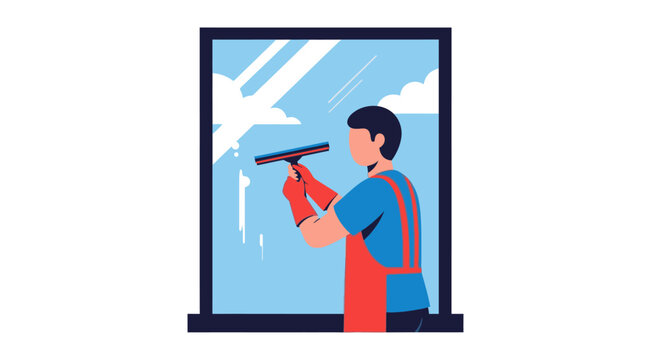 Professional window cleaner washing glass with squeegee tool.