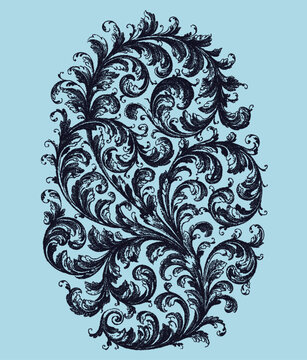 Ornate stipple engraving of a decorative floral scroll