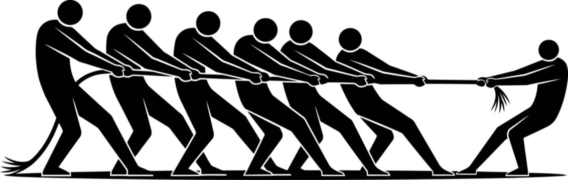 Black silhouette of a group of people pulling a rope in a tug of war competition against one person on a white background