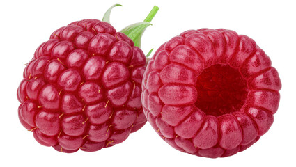 Isolated two vibrant red fresh raspberries with green leaves, one whole and one with a hollow center. © Francisco