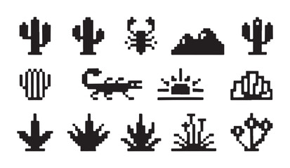 Pixel art desert plants and animals, like cactus and scorpion, vector icons set. © VANU