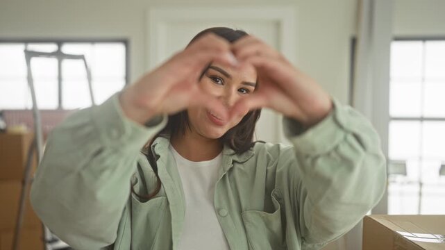 Young hispanic woman makes a heart with hands over face beside stacked moving boxes in building entryway; moving day gratitude.