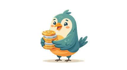 Naklejka premium Cute cartoon bird holding a stack of gold coins, business savings, investment, financial concept