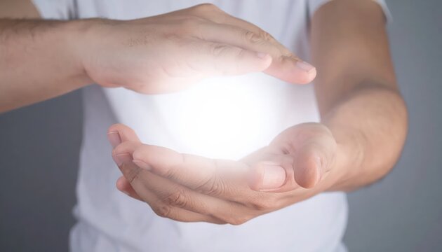 Male hands framing a brilliant levitating orb of light.
