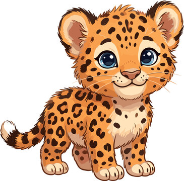 Cute leopard cub cartoon vector illustration featuring an adorable baby wild cat isolated on a white background