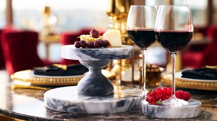 Fototapeta premium Elegant Red Wine Pairing with Cheese and Grapes on a Luxurious Marble Stand
