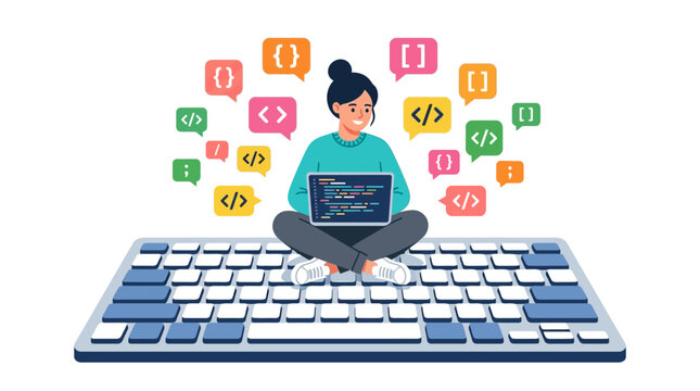 Female Software Developer Illustration Coding on a Laptop while Sitting on a Giant Keyboard