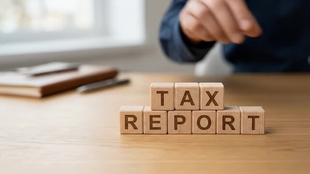 Tax report concept featuring wooden blocks on table with hand arranging letters symbolizing business finance document preparation and office accounting process background