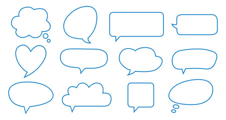 Fototapeta premium Set of twelve blue outlined speech bubbles and thought balloons isolated on transparent background