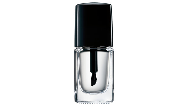 Isolated clear glass nail polish bottle with black cap and brush for beauty and cosmetic use