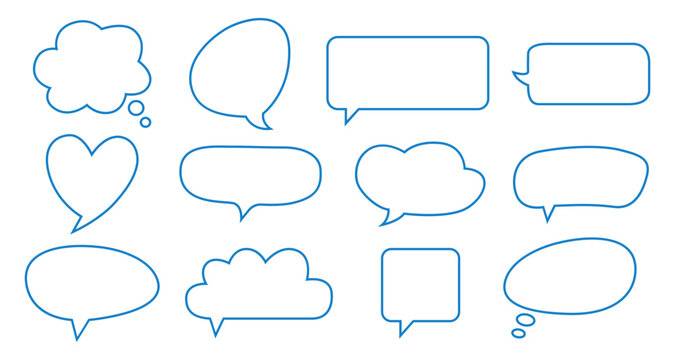 Set of twelve blue outlined speech bubbles and thought balloons isolated on transparent background