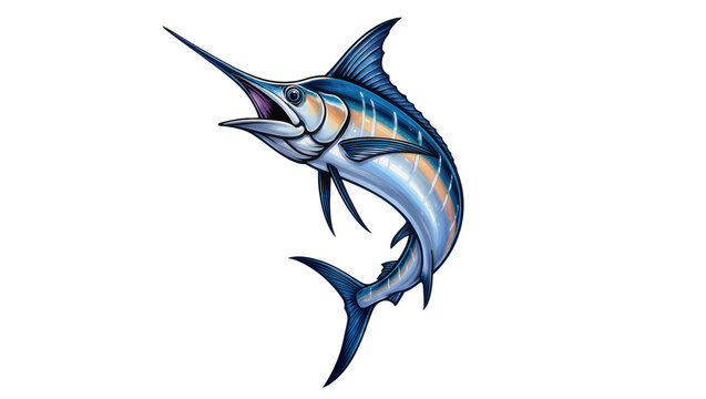 Isolated majestic blue marlin fish leaping dynamically with an open mouth, powerful ocean predator
